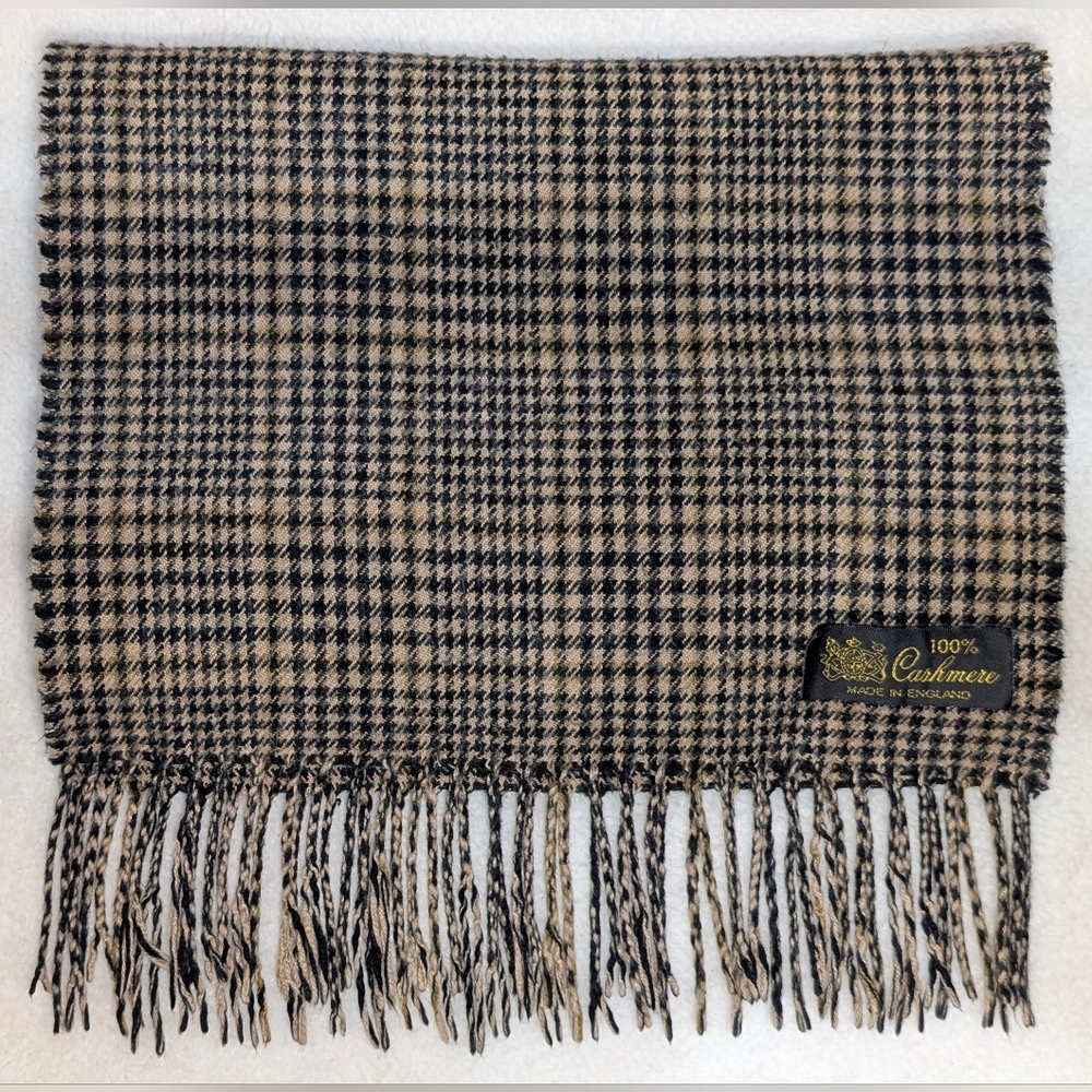 Houndstooth Cashmere Scarf Black and Tan Made In England Unisex Natural Fibers